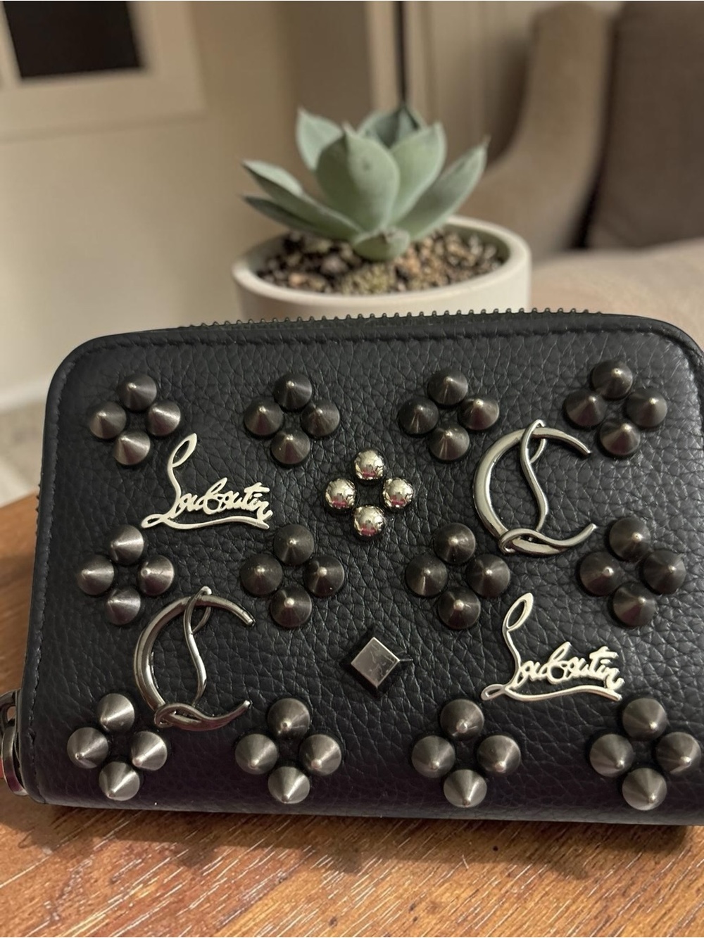 Christian Louboutin Black Studded Zip Around Wallet Gunmetal Spike - Picture 2 of 4